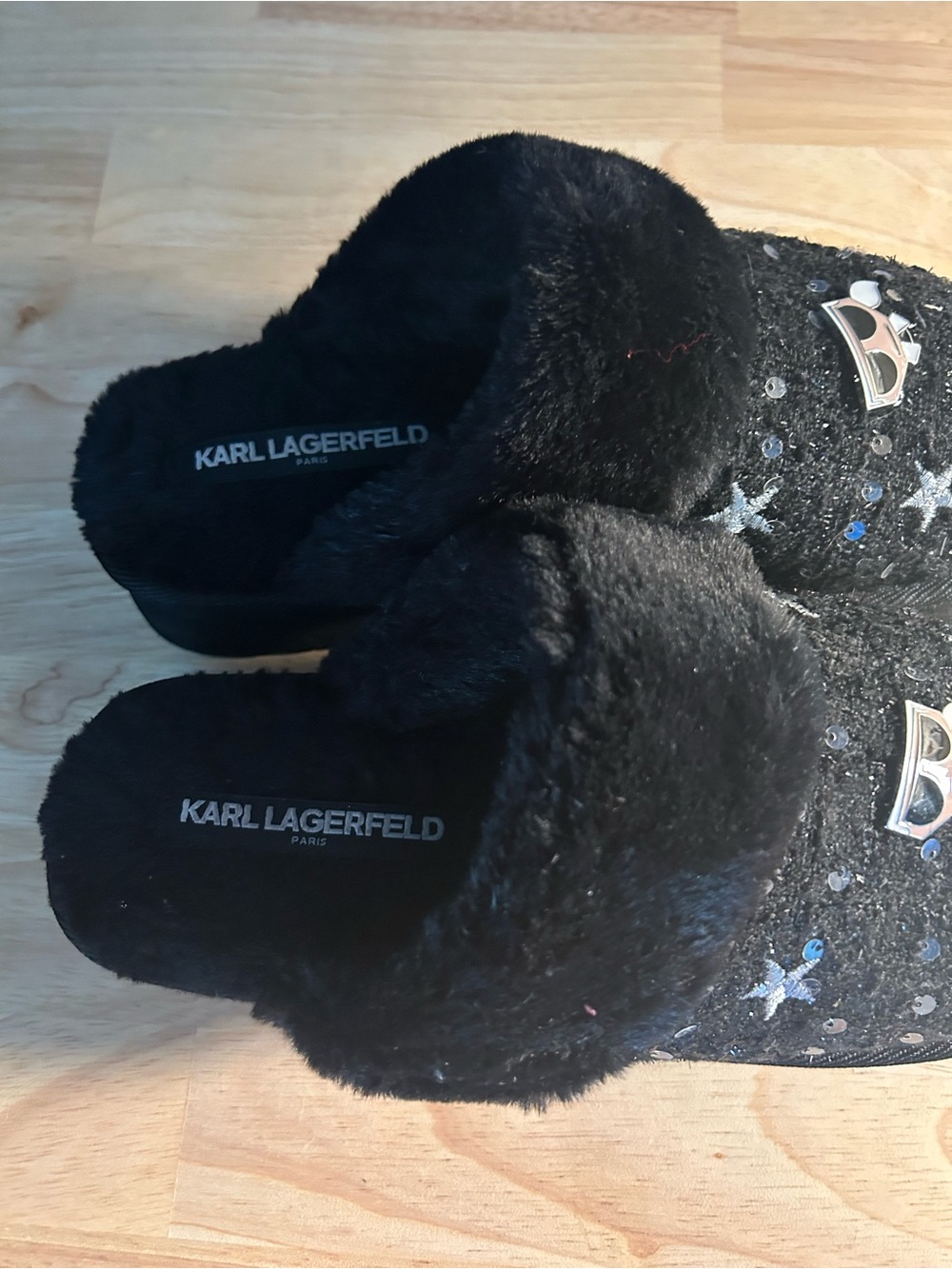 Karl Lagerfeld Paris Hessa Black Tweed Faux Fur Platform Slipper Slide Mule 8 - Picture 2 of 3